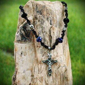 Gothic Crucifix and Skull Cross on a Black Hemp 17 1/2" Handmade Necklace
